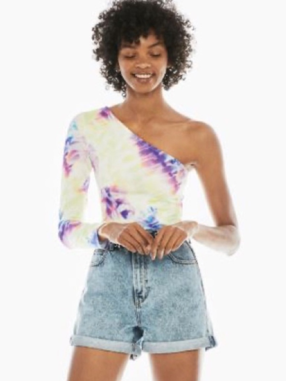Bershka One-Shoulder Tie-Dye Crop Top - Purple, Blue, Yellow